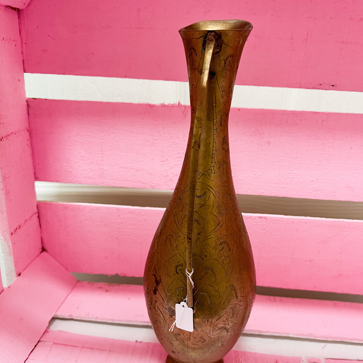 Folk Art Brass Bud Vase | Indian Etched Jug | Brass Pitcher