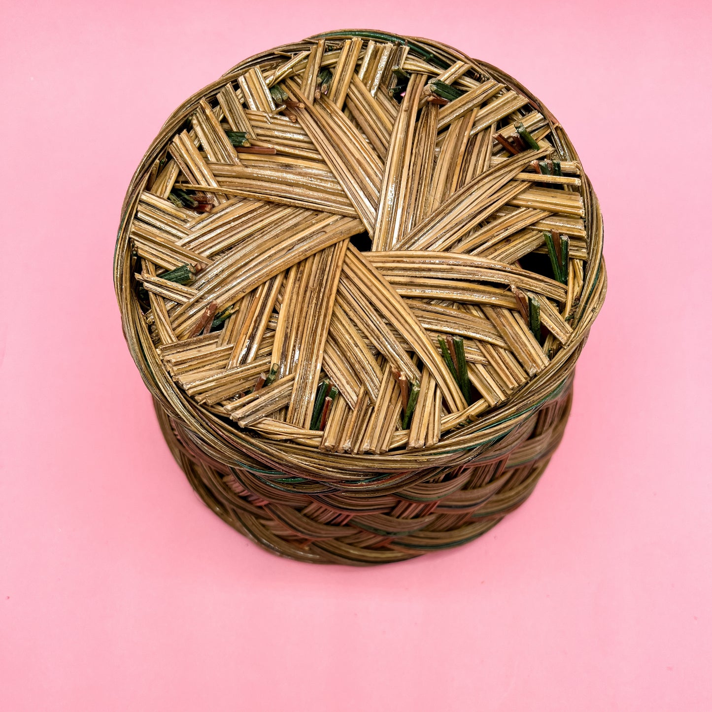 Round Tan Woven, Braided and Scalloped Basket / Planter