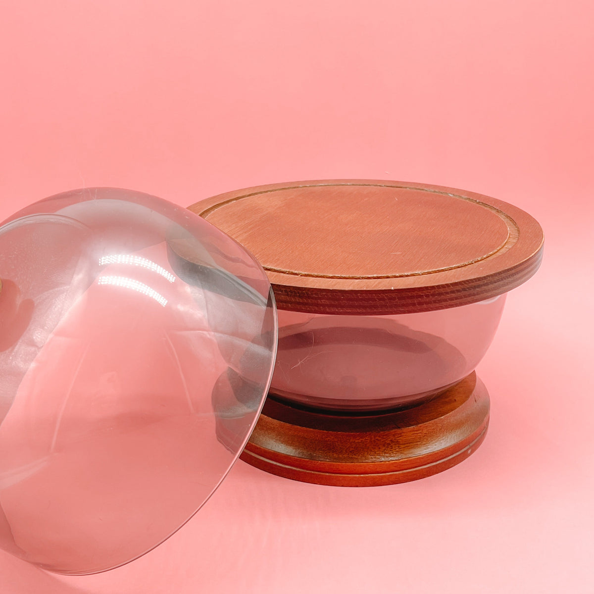 Mid Century Acrylic and Cherry Wood Cloche Cheese Set