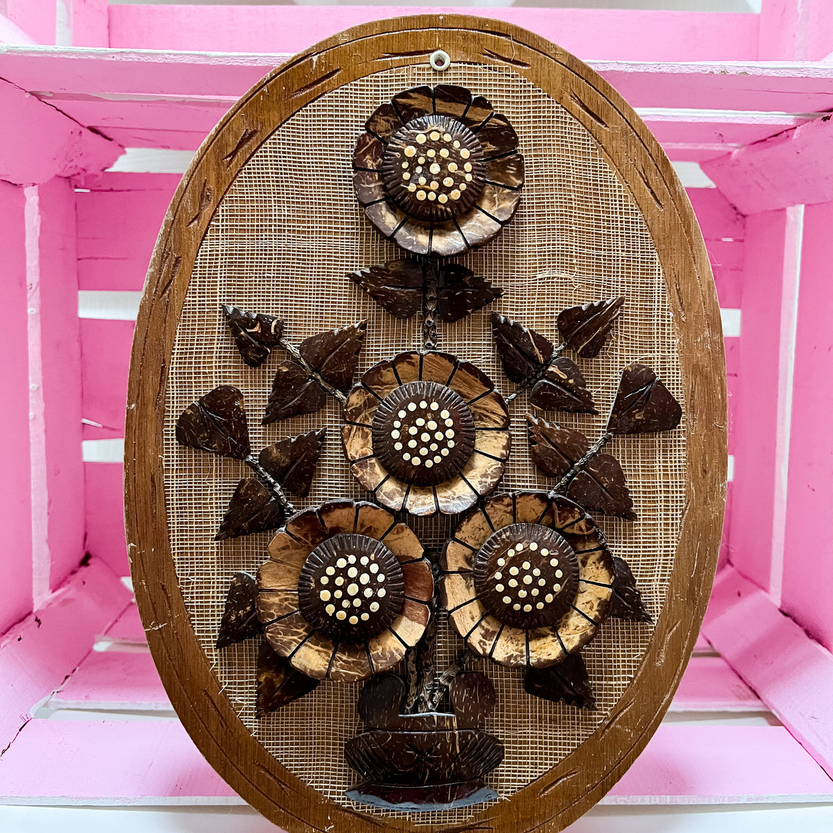 Vintage Wooden Floral Coconut Shell Wall Art
