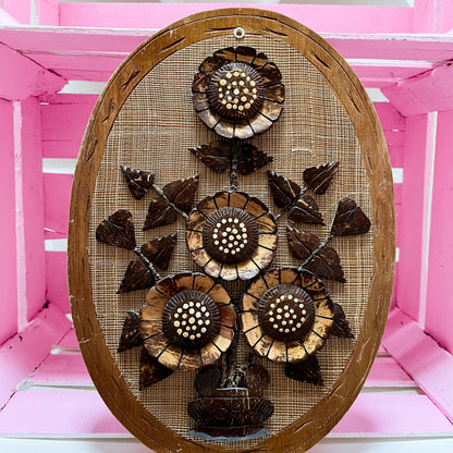Vintage Wooden Floral Coconut Shell Wall Art