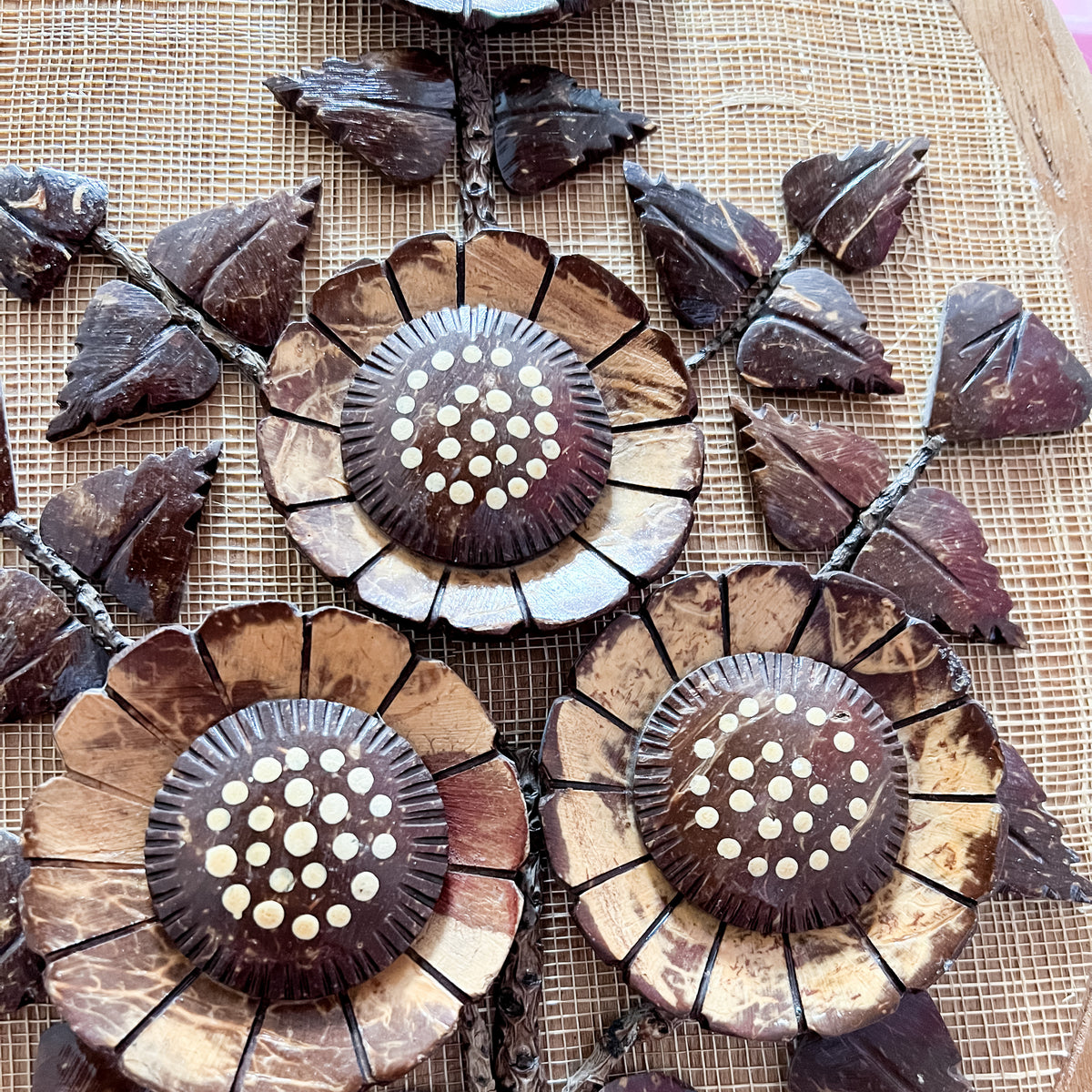 Vintage Wooden Floral Coconut Shell Wall Art