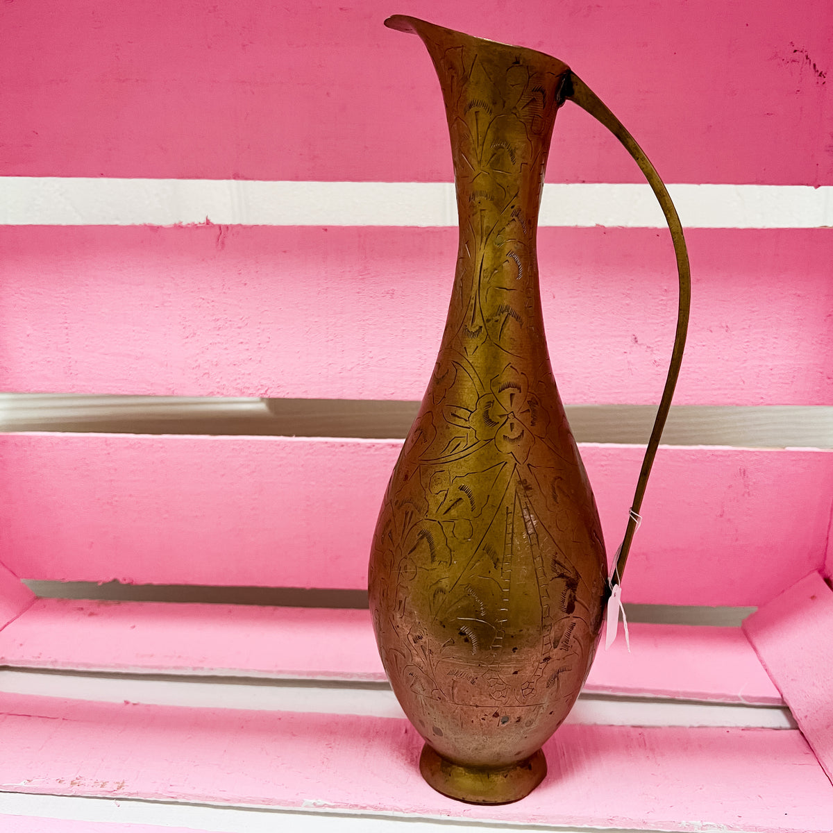 Folk Art Brass Bud Vase | Indian Etched Jug  | Brass Pitcher