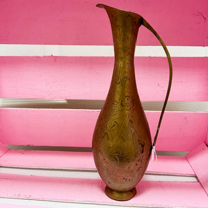 Folk Art Brass Bud Vase | Indian Etched Jug  | Brass Pitcher
