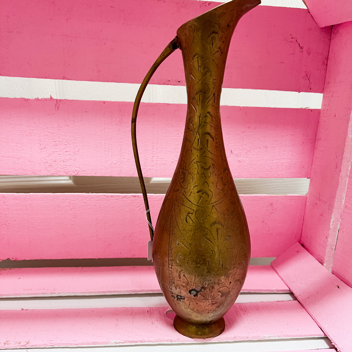 Folk Art Brass Bud Vase | Indian Etched Jug  | Brass Pitcher