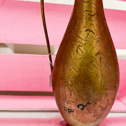 Folk Art Brass Bud Vase | Indian Etched Jug  | Brass Pitcher