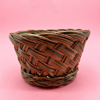 Round Tan  Woven, Braided and Scalloped Basket / Planter