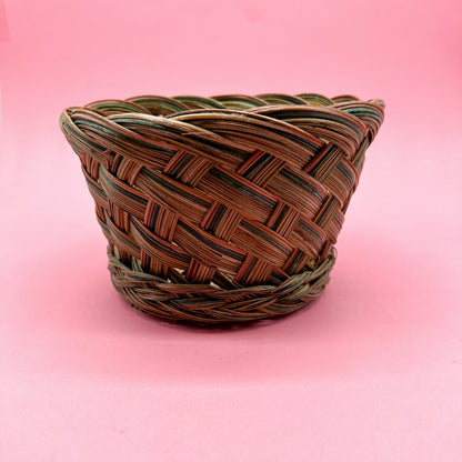 Round Tan  Woven, Braided and Scalloped Basket / Planter