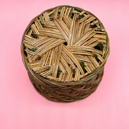 Round Tan  Woven, Braided and Scalloped Basket / Planter