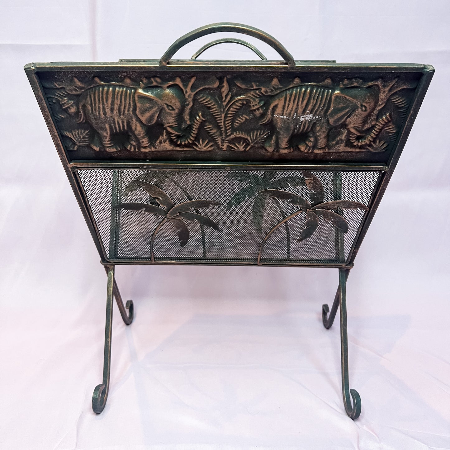 Vintage Tropical Magazine Vinyl Rack Metal Mesh Elephants Palm Tree Safari