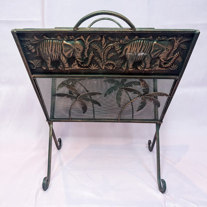 Vintage Tropical Magazine Vinyl Rack Metal Mesh Elephants Palm Tree Safari