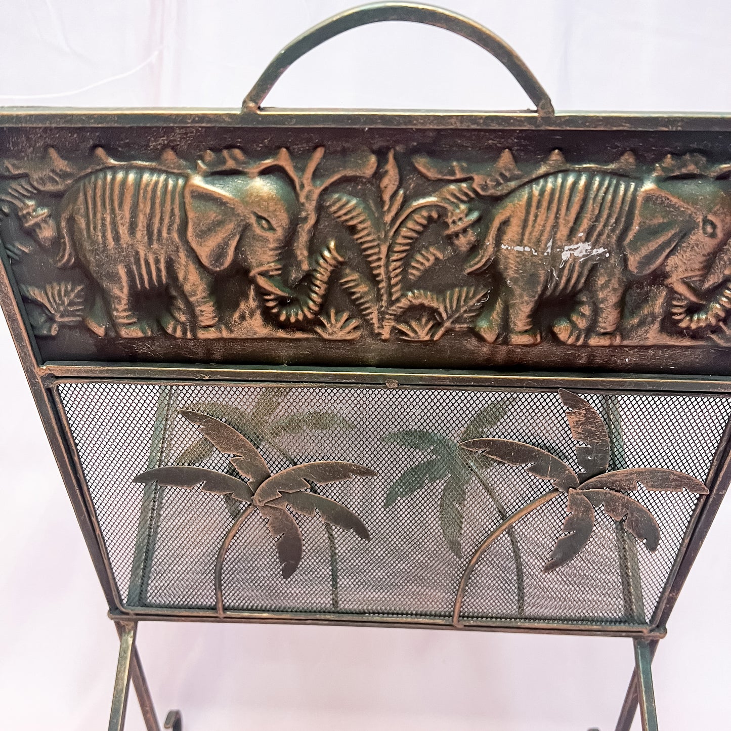 Vintage Tropical Magazine Vinyl Rack Metal Mesh Elephants Palm Tree Safari