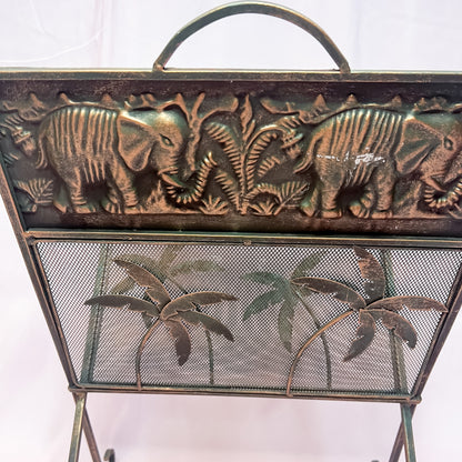 Vintage Tropical Magazine Vinyl Rack Metal Mesh Elephants Palm Tree Safari