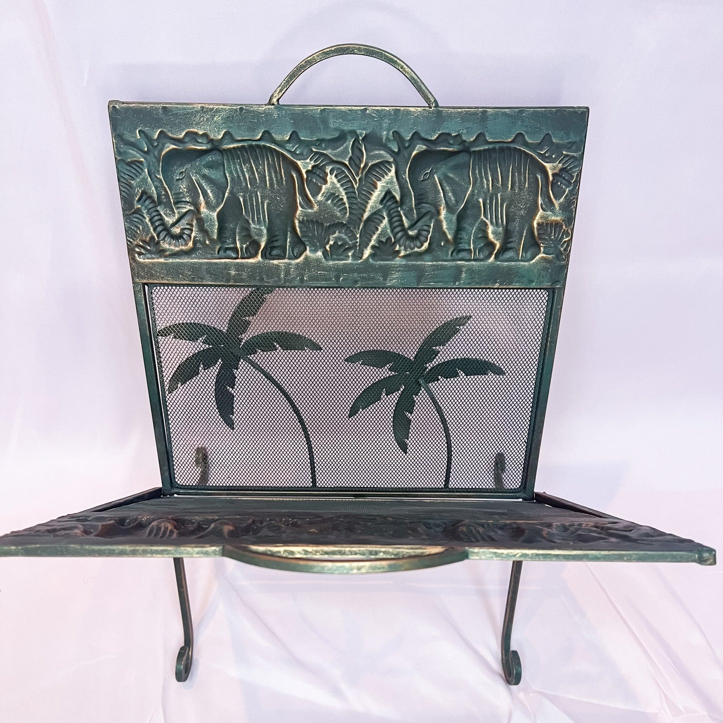 Vintage Tropical Magazine Vinyl Rack Metal Mesh Elephants Palm Tree Safari