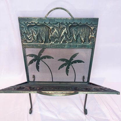 Vintage Tropical Magazine Vinyl Rack Metal Mesh Elephants Palm Tree Safari