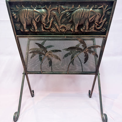 Vintage Tropical Magazine Vinyl Rack Metal Mesh Elephants Palm Tree Safari
