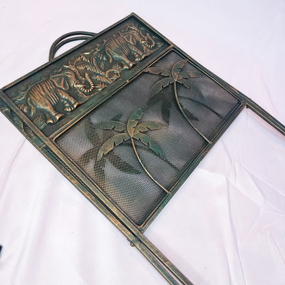 Vintage Tropical Magazine Vinyl Rack Metal Mesh Elephants Palm Tree Safari