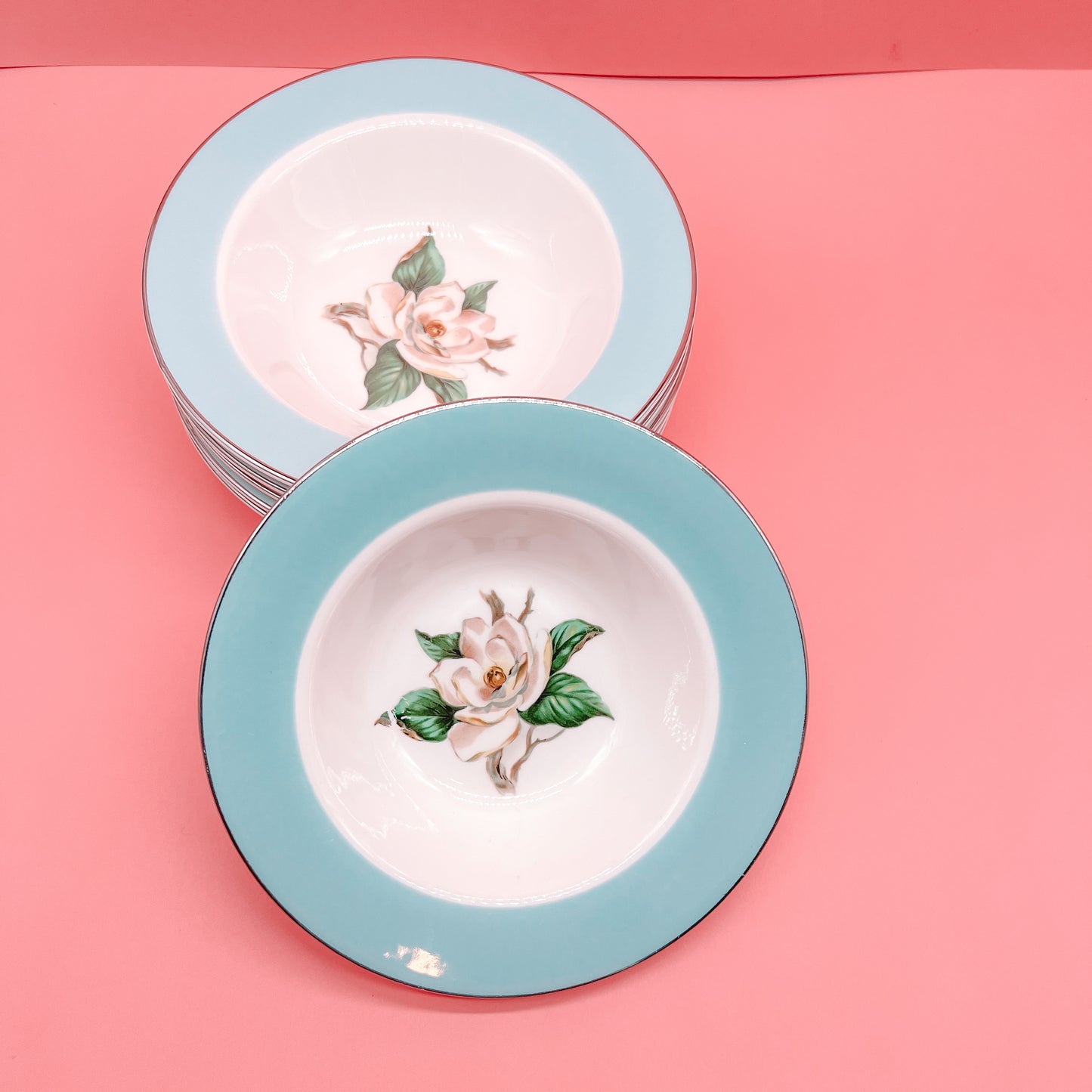 Lifetime China fruit bowls, Turquoise Semi Vitreous, Magnolia