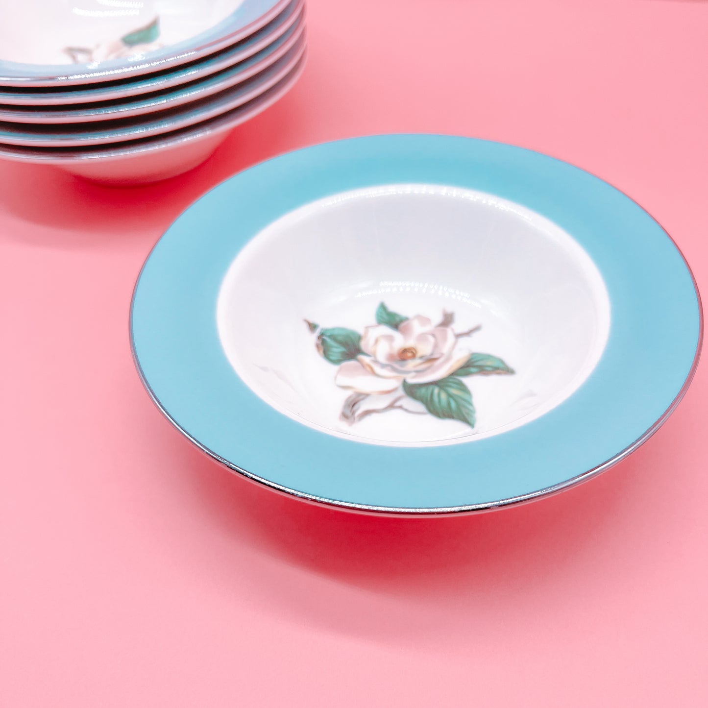 Lifetime China fruit bowls, Turquoise Semi Vitreous, Magnolia