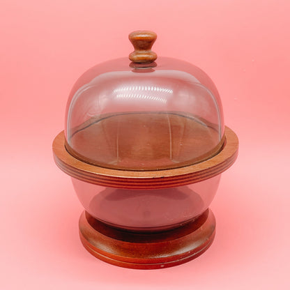 Mid Century Acrylic and Cherry Wood Cloche Cheese Set