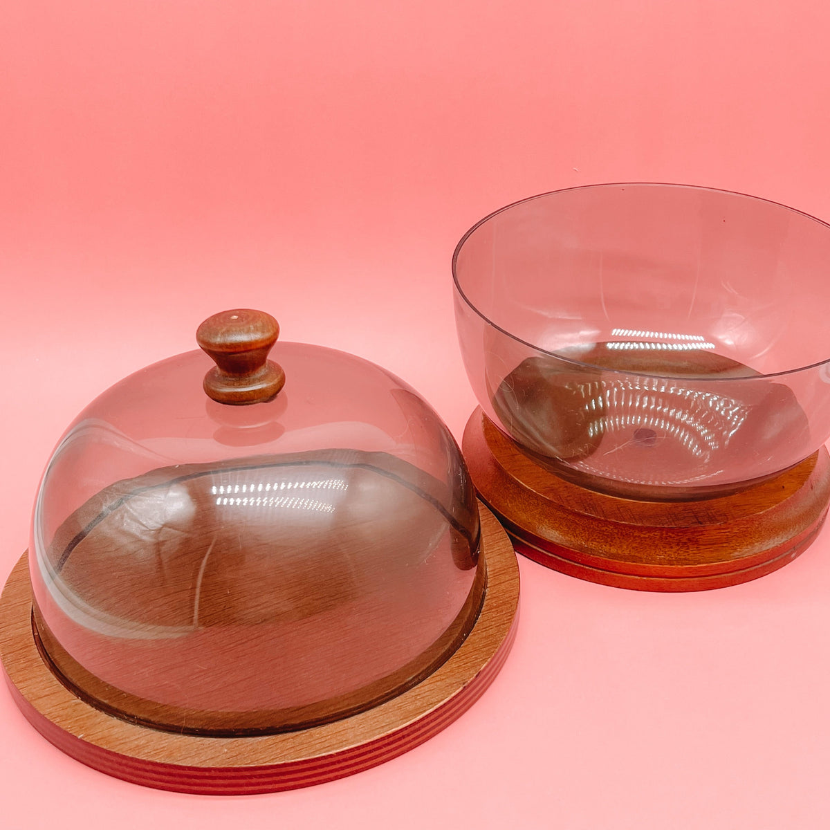 Mid Century Acrylic and Cherry Wood Cloche Cheese Set