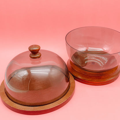Mid Century Acrylic and Cherry Wood Cloche Cheese Set